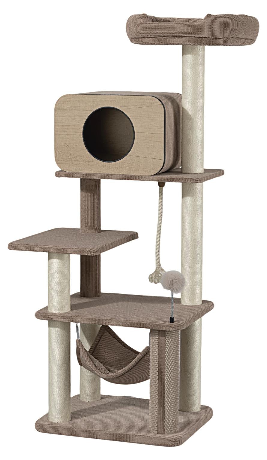 Fudajo Forest Oak kraboom voor katten met kattenhuis, hangmat en sisal, beige, Hoogte: 152 cm
