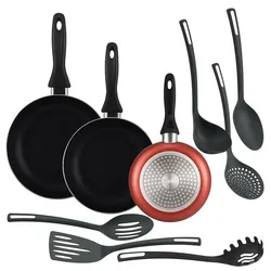 WellHome - 3er-Set Bratpfannen Ø16/20/24cm aus gepresstem Aluminium in Kupfermetallic mit 6er-Set Küchenutensilien aus schwarzem PBT