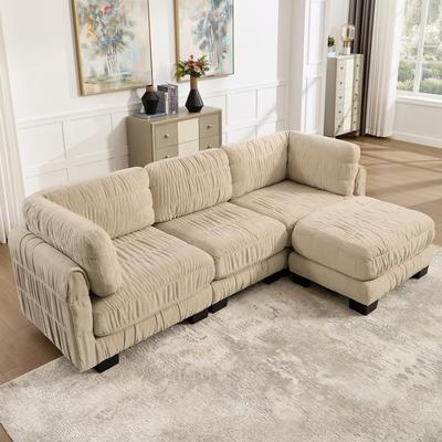 Abrihome "109.4"" L-Shaped Chenille Ruched Design Sectional Sofa with Ottoman"