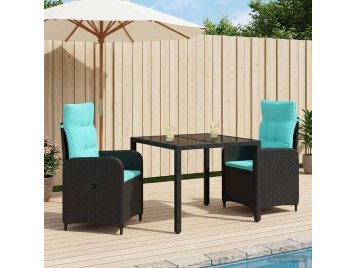KTHLBRH Outdoor-Lunch-Set aus Polyrattan, 3-teilig Pulverbeschichteter Stahl, Tischplatte aus gehärtetem Glas, verstellbare Rückenlehne, Kissen aus Polyester