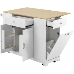 STILVORA Kücheninsel mit Rollen 132x70x93 cm Weiß+Natur mit ausklappbarer Arbeitsplatte, Abfallbehälterfach, Steckdosen USB und Type-C, viel Stauraum