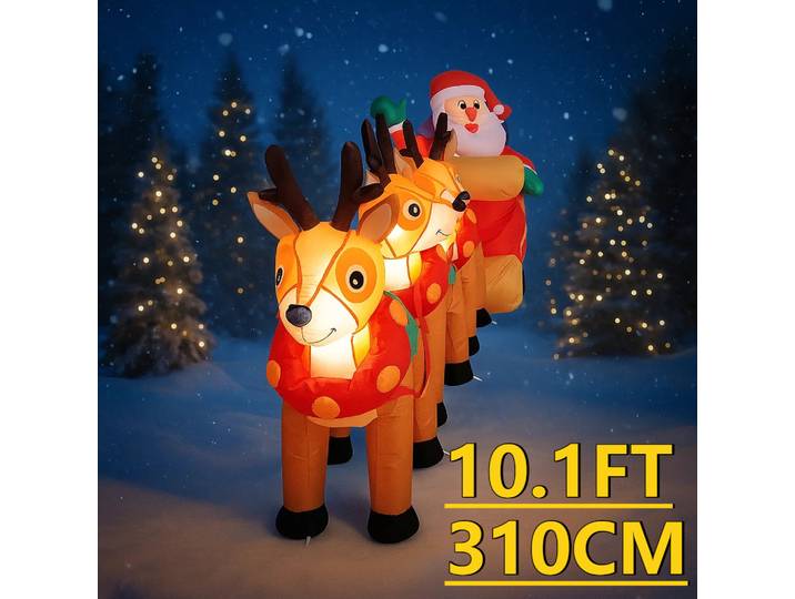 Décor de cour de noël gonflable LED 10,1 pieds, traîneau du père noël, 3 rennes, fournitures de décoration, ornements, jouet, cadeaux, décor de vacances
