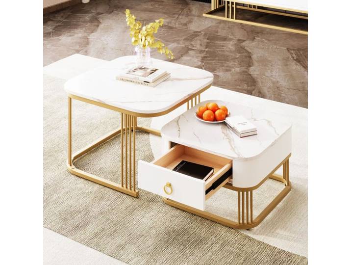 Table basse empilable - Aspect marbre haute brillance - Accents dorés - Ensemble de deux pièces - 60x60x45 cm