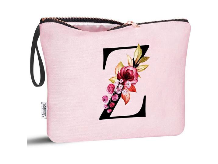 Kulturbeutel Buchstabe Z mit Blumenprint Rosa, 5x16x24 cm, Badaccessoires, Kosmetikdosen