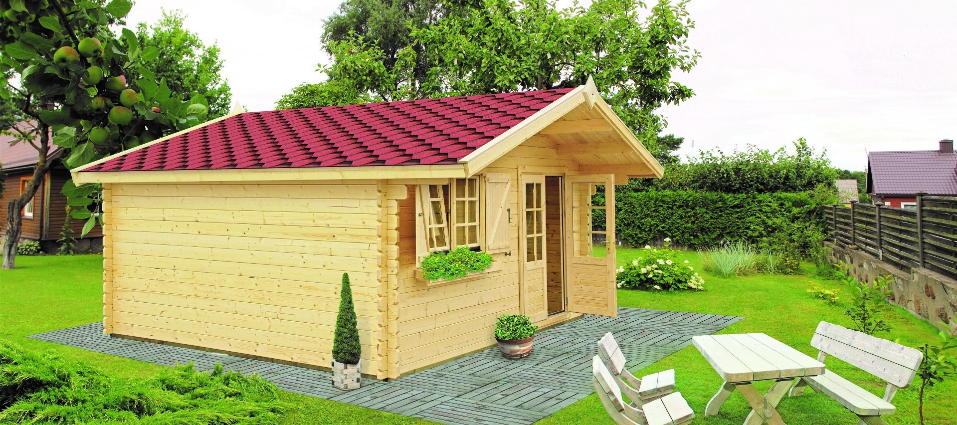 Holz-Gartenhaus 3,98 x 4,98 Meter (inkl. Dach) | Naturbelassen | Satteldach | 44 mm Blockbohlen-Haus