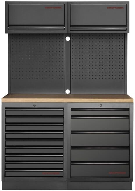 Mobilier d'atelier Mobilio 2 éléments Kraftwerk 3964K-95K2, 5 & 9 tiroirs, unité murale, plan de travail multiplex (3964K-BLK-009)