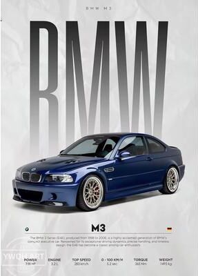 Inspired Finds Black Famous Cars Canvas Wall Art Print For Modern Home Decoration, Automotive Racing Poster m3 Blue Side 15.75x23.62in Unframed