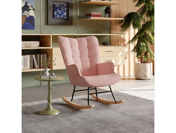 Fauteuil à Bascule 75×68×92 cm en Tissu Teddy Rose Dossier Haut Design Ergonomique Structure Bois et Métal Idéal Allaitement