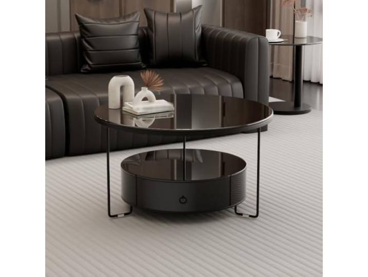 Couchtisch Rund mit Schublade,Schwarzer Wohnzimmertisch Aus Gehärtetem Glas,Moderner Sofatisch mit Metallgestell,Doppelstöckiges Design für Wohnzimmer und Kleine Räume 60cm