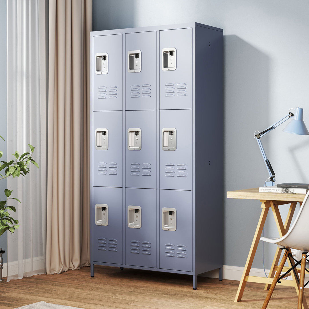 MAKEACE 9 Door Metal Storage Locker, 3-Tier Employee Lockable Cabinet with Hooks & Ventilation Holes, 183cm Tall Storage Unit for Gym, Office, School, Garage Grey 182.8cm H X 90cm W X 40cm D