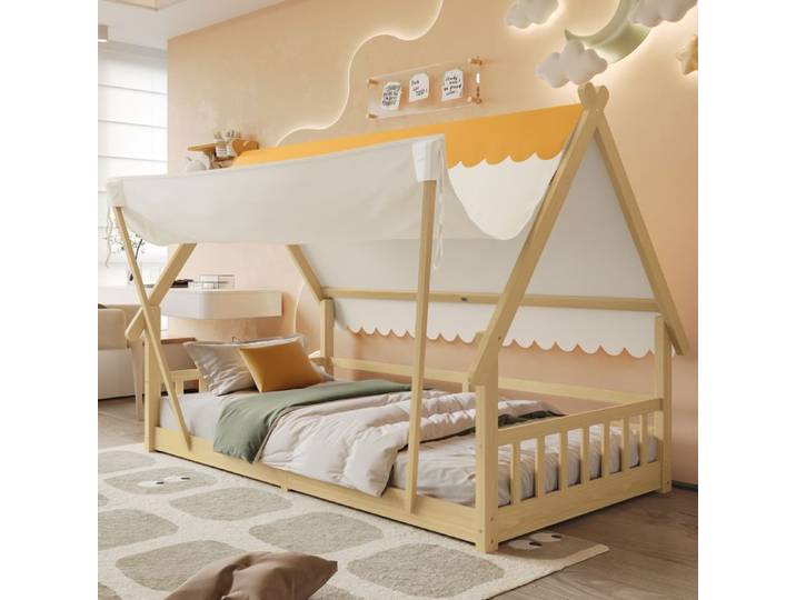 Lit enfant 90x200 cm en pin massif design maisonnette avec tente amovible barrière de sécurité sommier à lattes robuste