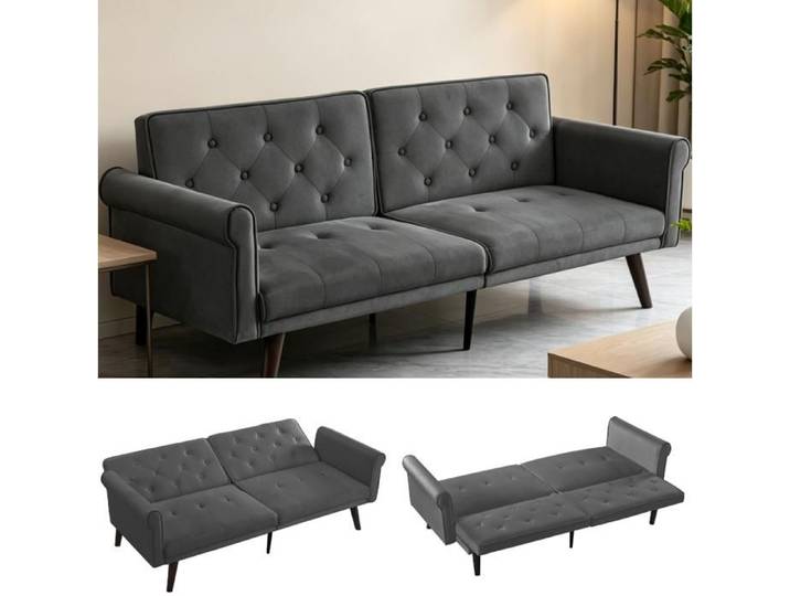 ROVRYN Canapé convertible 2 places en velours gris dossiers réglables 5 positions lit d'appoint