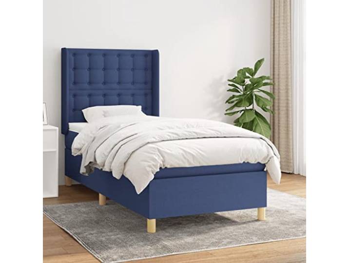 RJPLMFV Komplettes Bett, 90 x 200 cm mit Taschenfederkernmatratze, Blau Atmungsaktiver Stoff, verstellbares Kopfteil, mittlere Unterstützung, Matratzenschoner inklusive