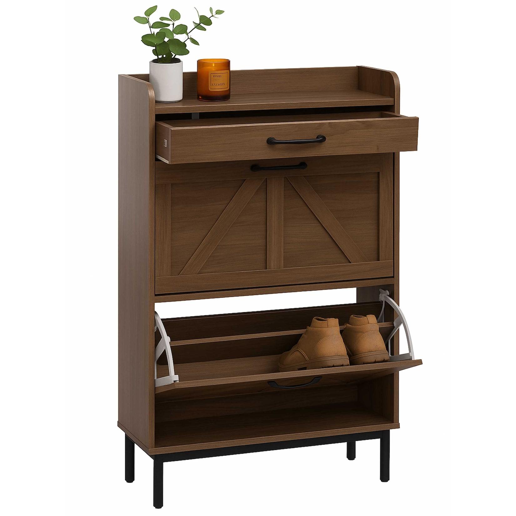 Schuhkipper MCW-P45, Schuhregal Schuhschrank, 2 Kippfächer Ablage Schublade MDF 95x60x24cm ~ braun