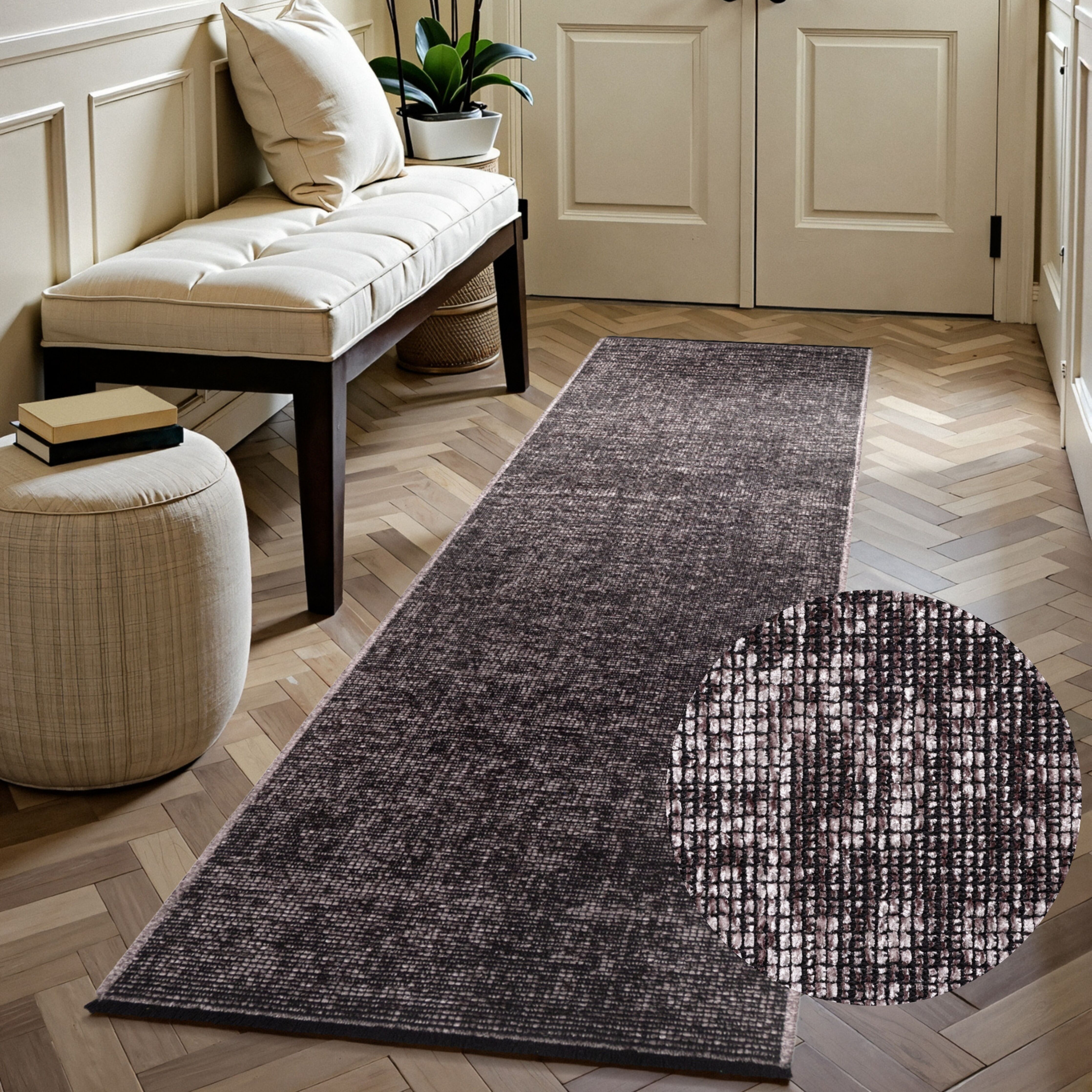 Teppich ELLE DECORATION "Prisma", braun, B:80cm H:5mm L:250cm, Baumwolle, Polyester, Teppiche, Teppich, Glanz-Effekt, Karo Design, Kachel-Optik, Wohnzimmer, Schlafzimmer,Flur braun B : 80cm 1 Stk., 5mm, L: 250cm