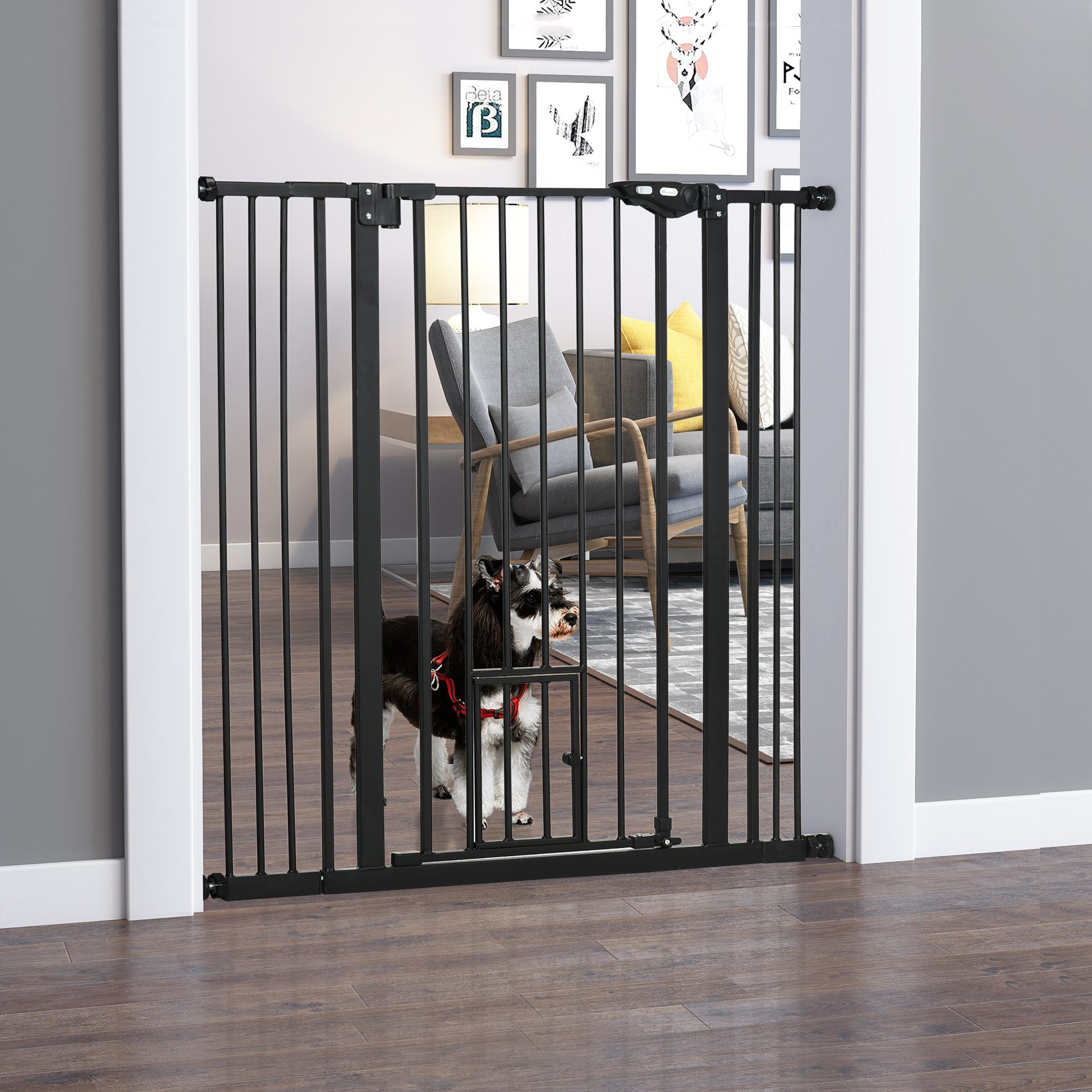 Pawhut Barriera di sicurezza animali di 104,1h cm con porta chiusura automatica sistema di doppio sbloccaggio nero