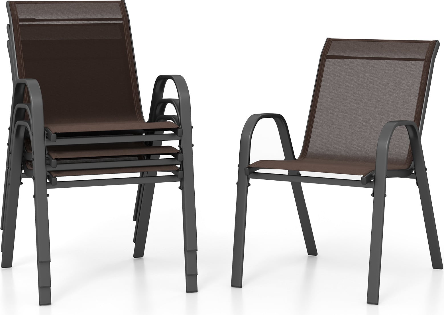 Costway Set van 4 Stapelbare Tuinstoelen met Armleuningen, Bruin
