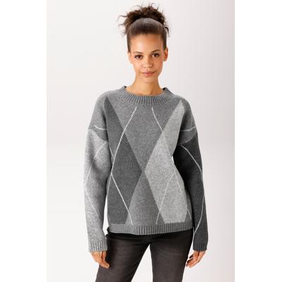 Strickpullover ANISTON CASUAL, Damen, Gr. 46, grau (grau, anthrazit, hellgrau, weiß), Strick, Obermaterial: 100% Polyester, Jacquardmuster, Rautenmuster, meliert, oversize hüftlang, Rundhals, Rippstrickbündchen, Pullover Strickpullover, mit...