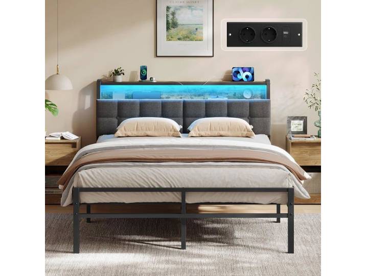Bed Frame 140 x 190 cm Adult Bed with LED and Sockets Metal