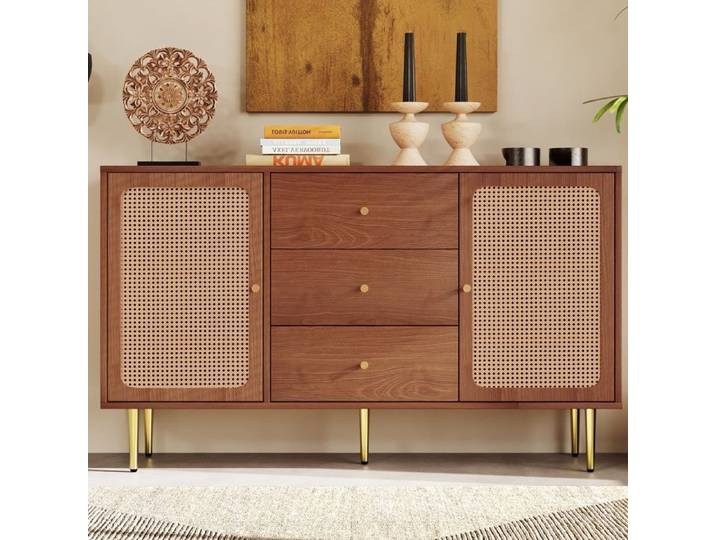 Buffet Commode avec 2 portes et 3 tiroirs portes en rotin avec tiroir étagère réglable Marron