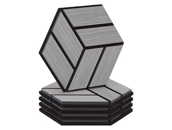 Homestyle4u 5er Set Akustikplatten Hexagon 30x26 cm Grau Schallschutz Wandpaneele in Wabenform mit 3D Holzoptik und Filz, dekorative Schallabsorber zur einfachen Montage an Wand und Decke