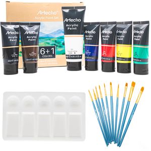 Artecho Acrylfarben ACTAS07 Acrylic Paint Set, 7 Farben 6x 60ml & 1x 120ml, inkl. Mischpalette & Pinselset