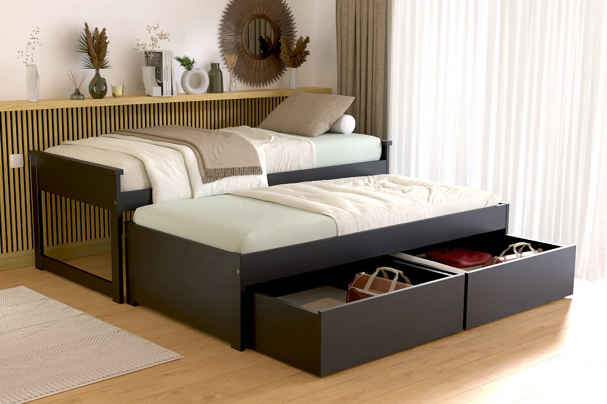ABC MEUBLES Ausziehbares bett 90x200 Maxi aux Massivholz mit Schubladen - Schwarz