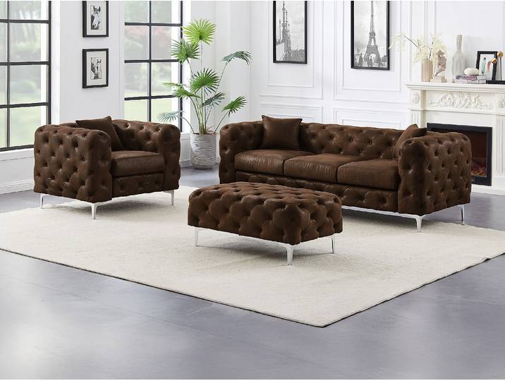 Chesterfield-Sofa 3-Sitzer, Chesterfield-Sessel & Chesterfield-Hocker - Mikrofaser - Vintage-Leder-Optik - EDWINA