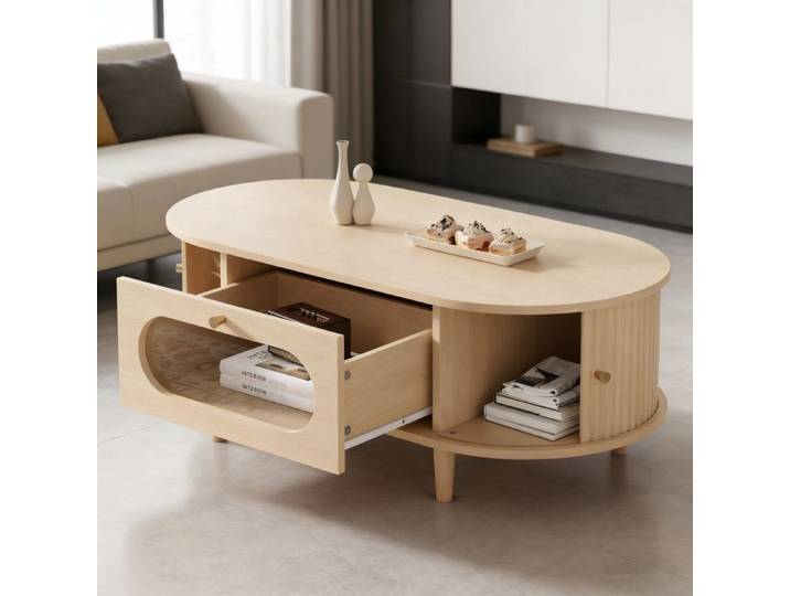 Table basse - HIBA - Ovale 100x50x36 cm - Placage chêne - Tiroir façade verre - Portes coulissantes silencieuses