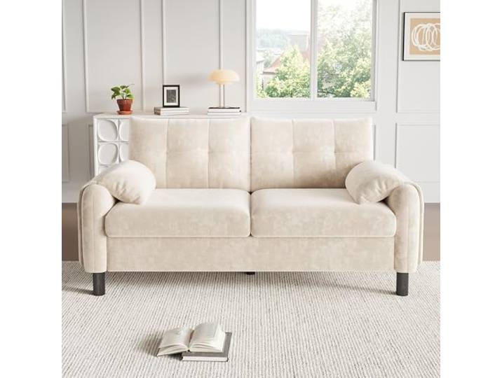 Merax 2 Sitzer Sofa Klein Couch, 158 cm Polstersofa aus Chenille-Stoff Mini Sofa mit dicken Kissen, Polstermöbel im skandinavischen Design, Doppelsofa für Wohnzimmer/Schlafzimmer/Wohnung, Beige