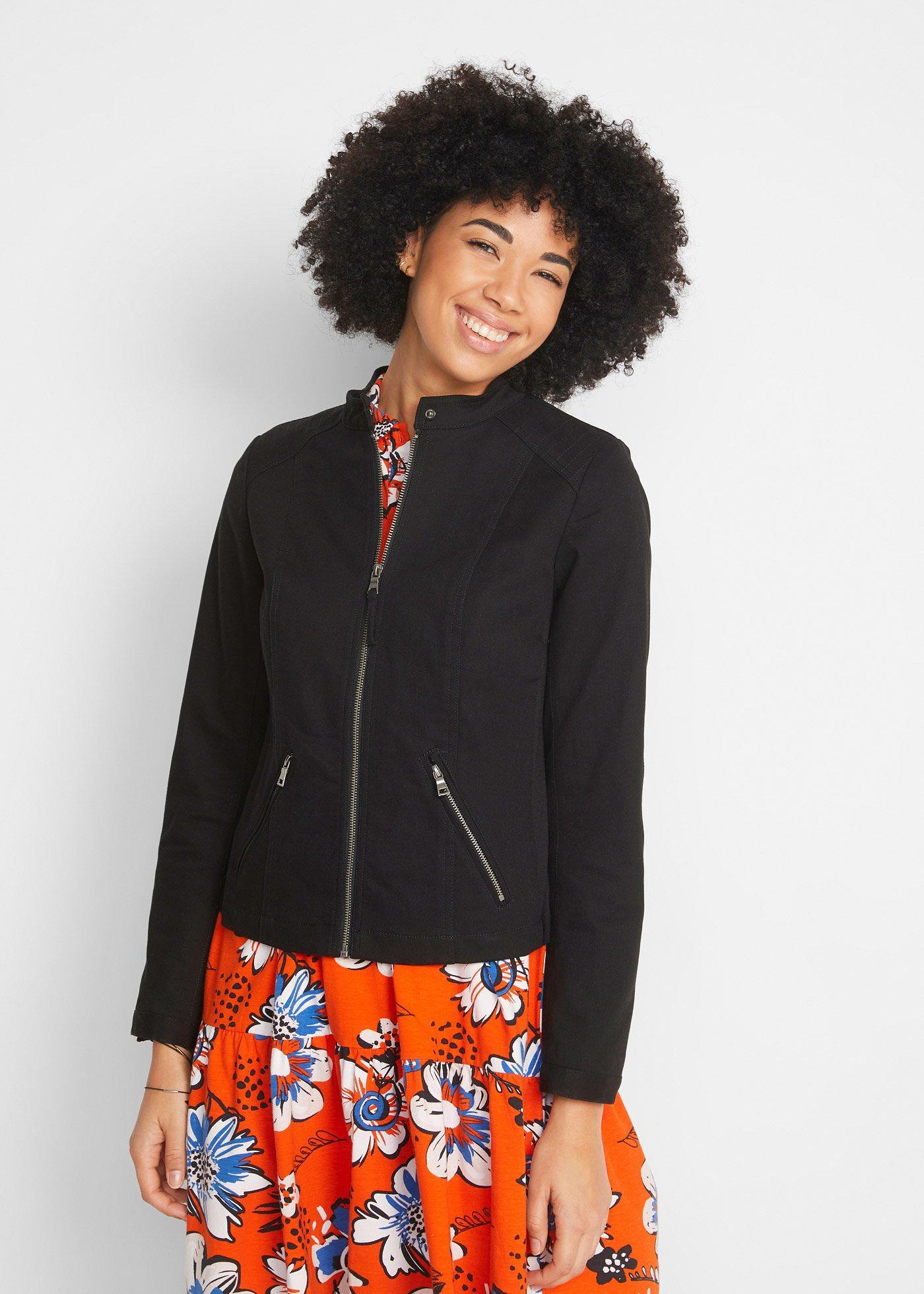 bonprix Jacke aus Baumwoll-Twill mit seitlichen Stretcheinsätzen, schwarz, Gr.52, Vielseitig kombinierbare Biker-Jacke mit seitlichen Stretcheinsätzen für mehr Bewegungsfreiheit, 98% Baumwolle