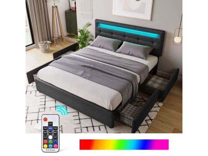 WUVRIE Lit double 140x200 cm avec LED 4 tiroirs tête de lit réglable sommier à lattes noir