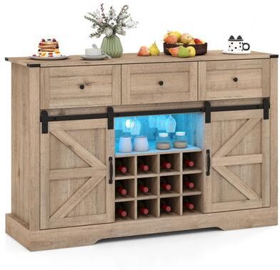 Costway 52 Inches Wine Bar Cabinet with LED Lights and Sliding Barn Doors-Light Gray