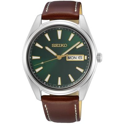 Quarzuhr SEIKO, braun (braun, dunkelgrün), Armbanduhren, Damen, silberfarben, Quarzuhr, Armbanduhr, Herrenuhr, Damenuhr, Datum, Saphirglas, Lederarmband
