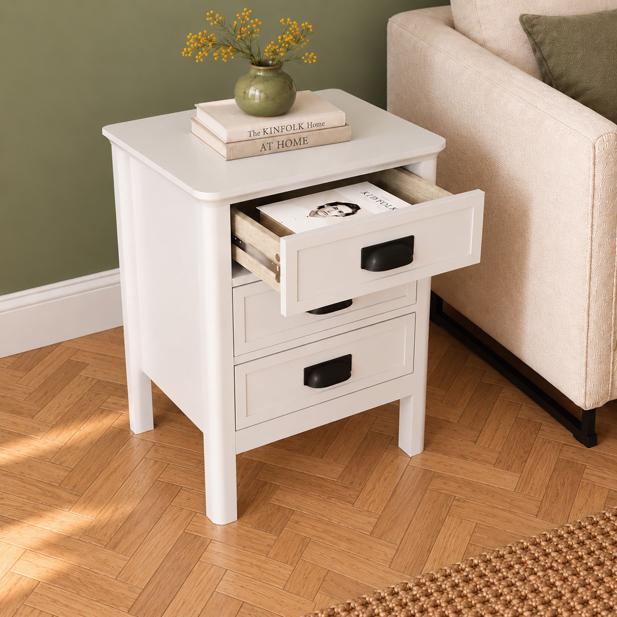 3 Drawer Bedside Table - Lawrence White Ivory Range Wood, Metal
