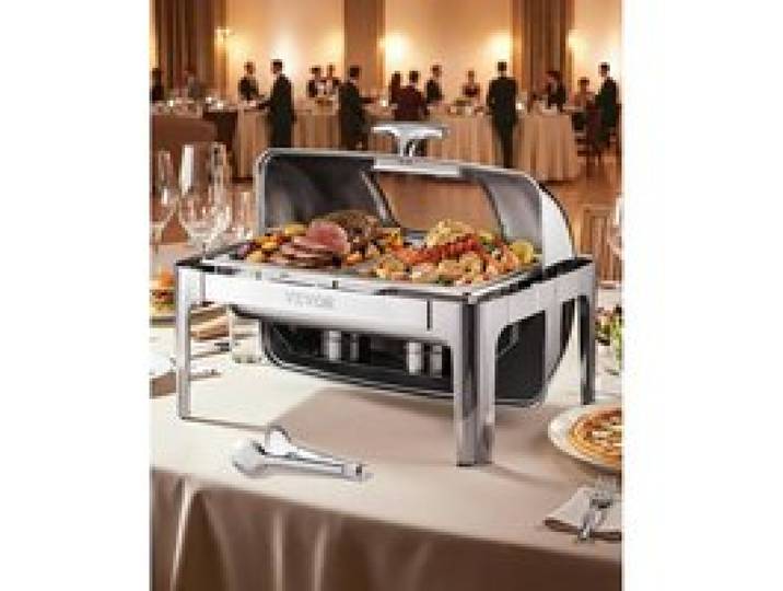 VEVOR Chauffe-Plat Rectangulaire 3,9 L, Buffet Chauffant avec Couvercle Rabattable Visible, Réchaud en Acier Inoxydable avec 2 Bacs Demi-taille, pour Buffet Libre-Service Hôtel Traiteur Restauration