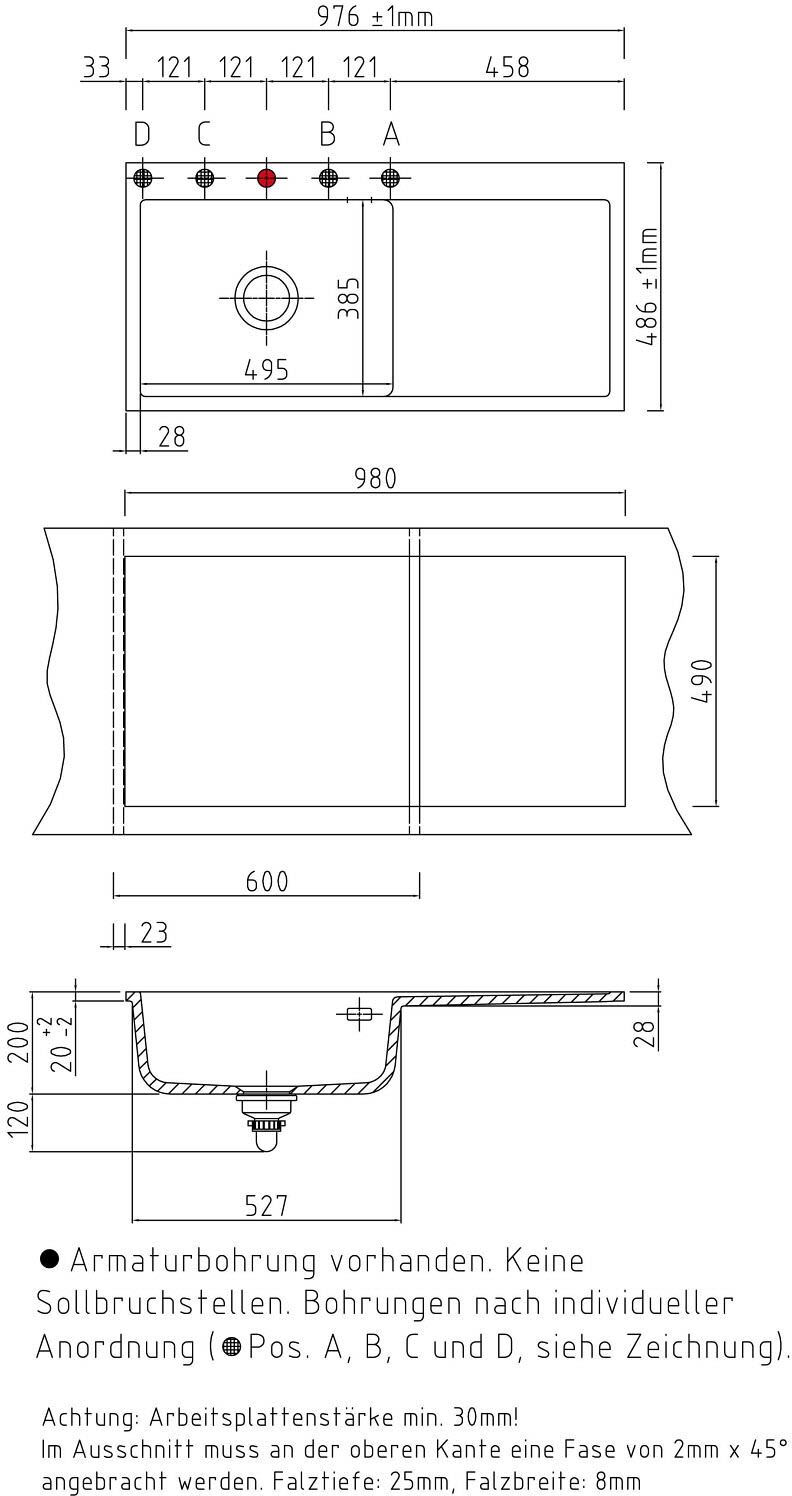 Systemceram Keradomo Mera 100 SL/ F Spüle links für flächenbündigen Einbau mit Handbetätigung, inkl. Armaturbohrung, Küchenspülen, 556501-20, satin