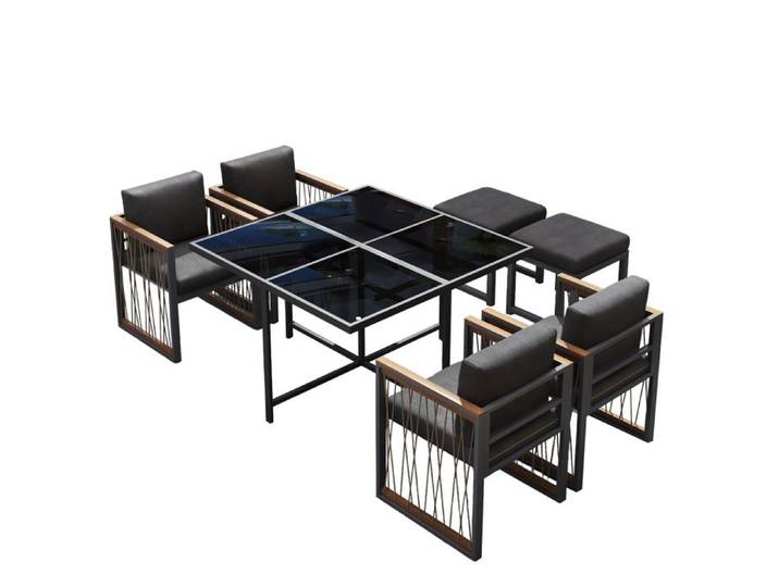 Ensemble table et chaises de jardin 7 pièces – 6 personnes – table carrée 117 x 117 cm – verre trempé noir