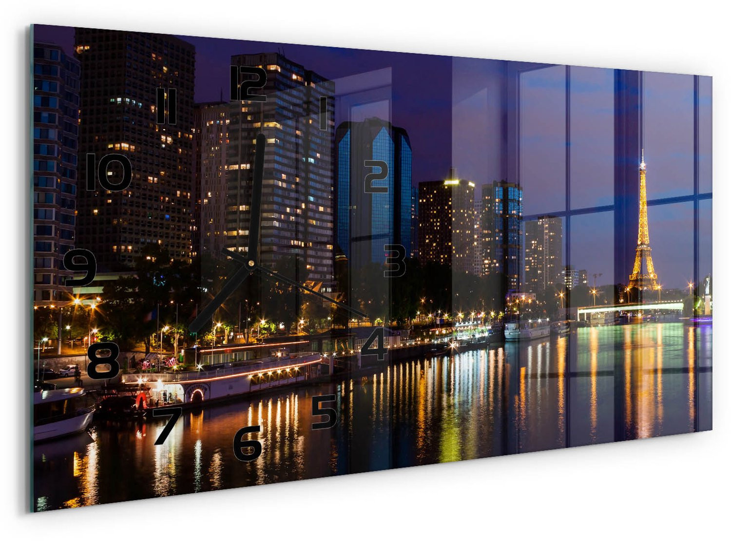 Tulup Wandklok Parijs bij nacht - Zwart Glas - 60 x 30 cm