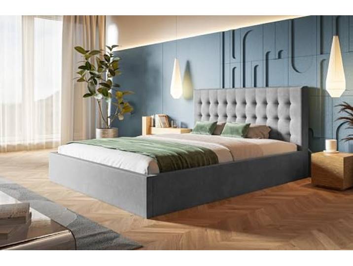 AlpiMeble Polsterbett 140x200, Jasminstoff, Holzrahmen, Grau Bett mit Bettkasten, Modern Betten, Weicher Stoff, Kollektion Slim Rio