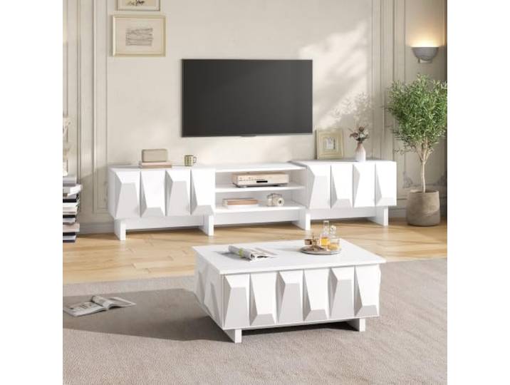 BXEYXE Wohnzimmer Set TV Lowboard Couchtisch Fernsehschrank Spanplatte Relief 4 Türen offene Ablage Wohnzimmer