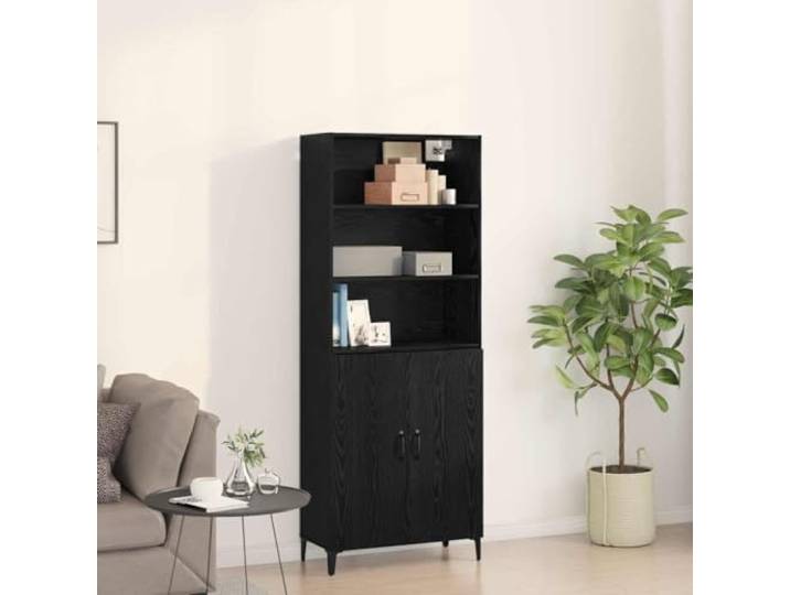 Jkghdrt Highboard Schwarz Eichen-Optik 69,5x32,5x180 cm Holzwerkstoff Verstellbare Regale, Eisenbeine, Esszimmer oder Wohnzimmer, moderne Optik, pflegeleichte Oberfläche