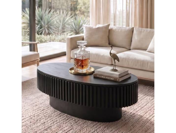 Yabunzel 98 cm Moderner Ovaler Couchtisch mit Stauraum, Holzoptik,Schwarz Moderner ovaler Sofatisch mit Fluted Design und abnehmbarem Deckel, Beistelltisch & Kaffeetisch mit verstecktem Stauraum