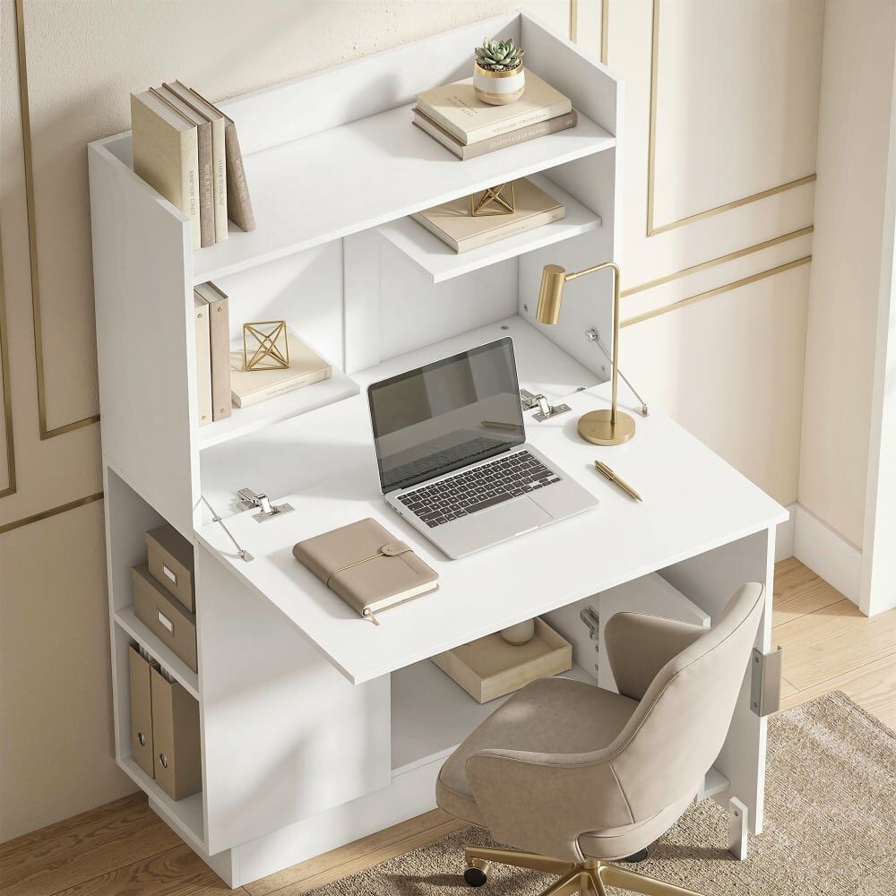 Homcom Bureau informatique pliant avec étagères de rangement bois blanc Blanc 80x128x30cm