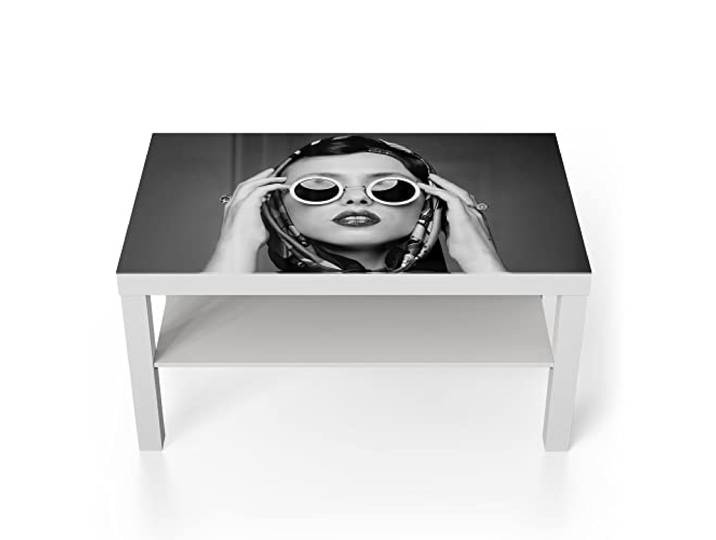 DEQORI Glastisch weiß groß 90x50 cm Motiv Junge Frau im Retro-Stil ausgefallener Beistelltisch aus Glas Hochglanz Couchtisch fürs Wohnzimmer moderner Couch Tisch mit Design