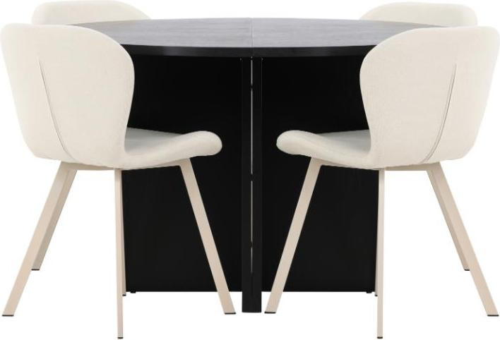 Strada eethoek met uittrekbare tafel en 4 stoelen, zwart en beige, Ø120 cm tot 170 cm