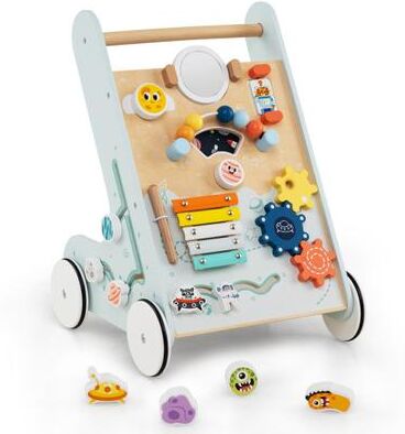 Costway Wooden Baby Walker Push and Pull Learning Activity Center with Wheels for Toddlers 1+ Years Old-Green
