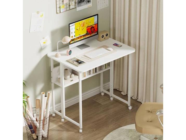 Bureau D'ordinateur Mobile À Roulettes - MIPAN - Blanc - 80x58x75cm - Pliable - Avec Support Pour Livres