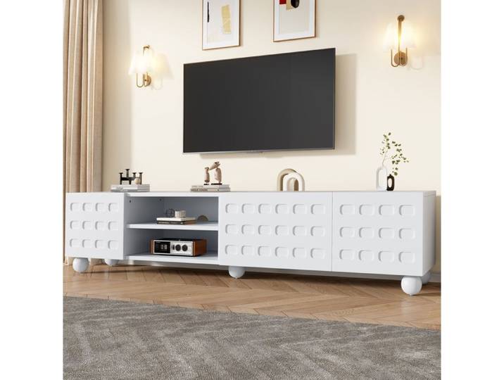 Meuble TV 200 cm AESVAR blanc 3 portes pour TV jusqu'à 80 pouces en panneaux de particules