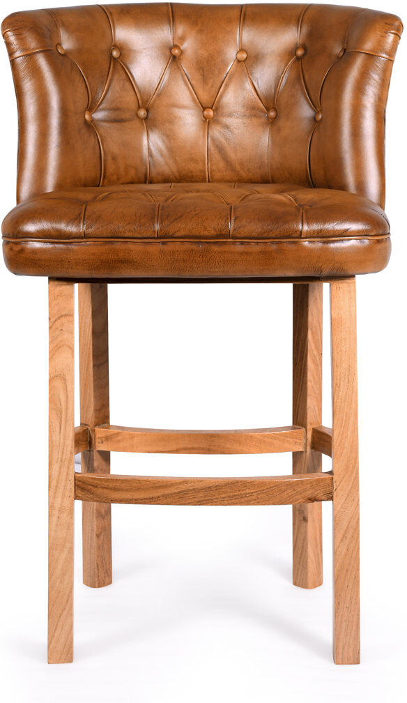 Dakota Fields Genuine Real Leather Buttoned Backed Brown Tan Kitchen Pub Café Breakfast Bar Stool Solid Wooden Frame Fully Assembled Brown Wood 107cm H X 58cm W X 68cm D